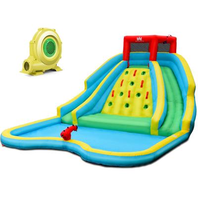 Opblaasbaar Springkasteel met Twee Waterglijbanen Klimwand en Waterkanon Speelzwembad Waterpark Kinderbadje (met Ventilator)