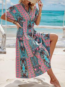 V Neck Ethnic Vacation Dress With No
