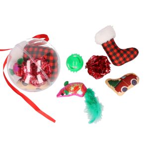 Katten/poezen speelgoed - 5x st speeltjes in kerstbal giftbox - kerstcadeau