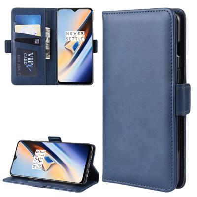 Dual-Side magnetische Buckle horizontale Flip lederen case voor OnePlus 7 met houder & kaartsleuven & portemonnee & fotolijstjes (donkerblauw)