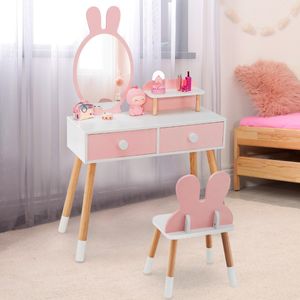 Kindermake-Uptafelset met Konijnendesign 2-In-1 Kaptafel met Spiegel 2 Laden en Opbergrek Make-Upset (Roze)