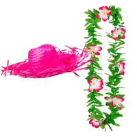 Carnaval verkleed set - Tropische Hawaii party - stro hoed met bloemenslinger - roze - thumbnail