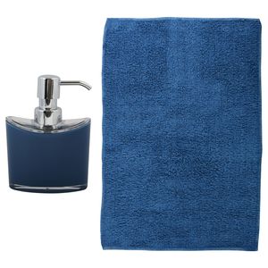 MSV badkamer droogloop mat - Bologna - 45 x 70 cm - bijpassende kleur zeeppompje - donkerblauw