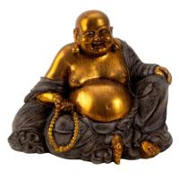 Dikke Happy Boeddha beeldje zittend - binnen/buiten - kunststeen - grijs/goud - 17 x 20 cm
