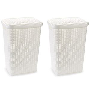 2x stuks grote rotan wasmand met deksel van 60 liter in het wit