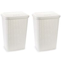 2x stuks grote rotan wasmand met deksel van 60 liter in het wit - thumbnail