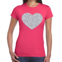 Zilveren hart glitter t-shirt roze dames