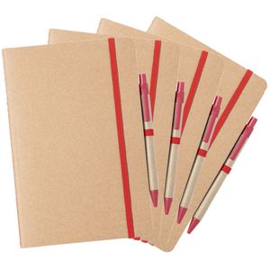 Set van 4x stuks natuurlijn schriftjes/notitieboekjes karton/rood met elastiek A5 formaat