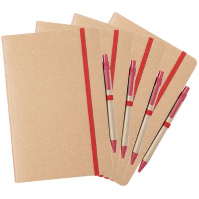 Set van 4x stuks natuurlijn schriftjes/notitieboekjes karton/rood met elastiek A5 formaat