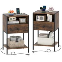 (Set van 2) Nachtkastje met Oplaadstation Industriële Bijzettafel met Open Vak Compact Nachtkastje-Bruin