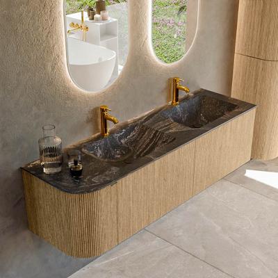 Badmeubel Mondiaz Kurve-Dlux | 155 cm | Meubelkleur Oak | Wastafelkleur Lava | Solid surface | Dubbele spoelbak | 2 kraangaten
