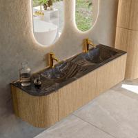 Badmeubel Mondiaz Kurve-Dlux | 155 cm | Meubelkleur Oak | Wastafelkleur Lava | Solid surface | Dubbele spoelbak | 2 kraangaten