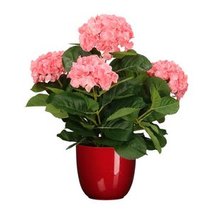 Hortensia kunstplant/kunstbloemen 45 cm - roze - in pot rood glans - Kunstplanten