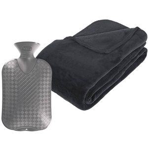 Fleece deken/plaid Antraciet grijs 230 x 180 cm en een warmwater kruik 2 liter - Plaids