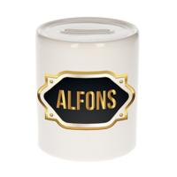 Spaarpot met voornaam Alfons - wit - goud/zwart embleem - 8 x 9 cm - keramiek - afsluitdop