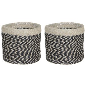 2x stuks naturel zwart rotan planten pot mand van gedraaid jute/riet H18 en D18 cm