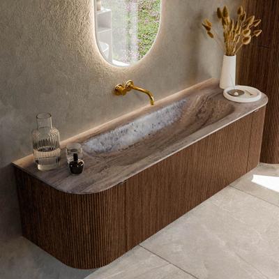 Badmeubel Mondiaz Kurve-Dlux | 150 cm | Meubelkleur Walnut | Wastafelkleur Oza | Solid surface | Wasbak midden spoelbak | Zonder kraangat(en)