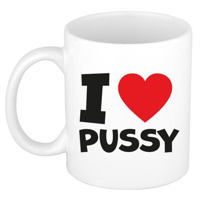 Cadeau koffie/thee mok - rood - I love pussy - pride / gay - 300 ml - keramiek - vrijgezellen