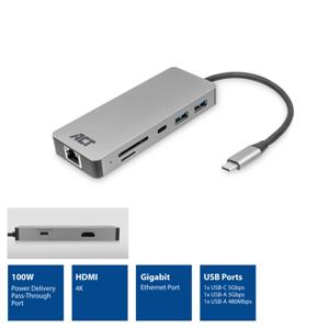 ACT Connectivity USB-C 4K docking station voor 1 HDMI monitor, ethernet, USB-C, USB-A, cardreader en PD pass-through dockingstation