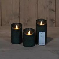 3ST KAARS ANTIEK GROEN WAX RUSTIEK BEWEGENDE VLAM 7,5X10/12,5/15CM AFSTANDSBEDIENING 3X3AAA - Annas collection