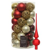 Kunststof kerstballen 37x st - rood/goud/parel/groen - 6 cm - met glazen piek rood - thumbnail