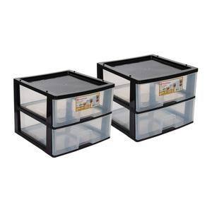 Ladeblokje/bureau organizer 2x grote lades - zwart/transparant - L38 x B38 x H30 cm - kunststof