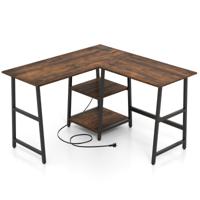 L-Vormig Computerbureau met Stopcontacten en USB-Poorten 120 cm Lang Hoekbureau met Planken PC-Tafel met Metalen Frame