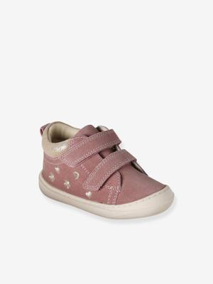 Zachte lederen baby-slofjes voor de eerste stapjes roze, bedrukt