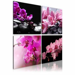 Schilderij - Orchideeën mooier dan ooit , zwart roze , 4 luik