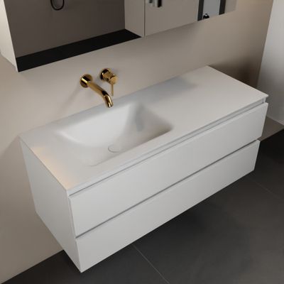 MONDIAZ AIVY 120cm badmeubel Talc, wastafel Talc solid surface links zonder kraangat met spiegelkast (AI-351631TALC-NO - AI-M120TALI - AI-C120TAMI)