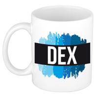 Dex naam cadeau koffie mok - beker - met blauw verfstrepen - Cadeau collega - vaderdag
