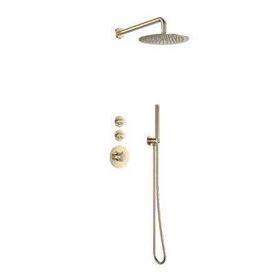 Doucheset Inbouw Deluxe Sanilux Giles Met Box Thermostaat Douchekop 25 cm Rond Geribbelde Knop Goud Geborsteld Sanilux