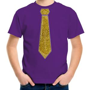 Verkleed t-shirt voor kinderen - glitter stropdas - paars - jongen - carnaval/themafeest kostuum