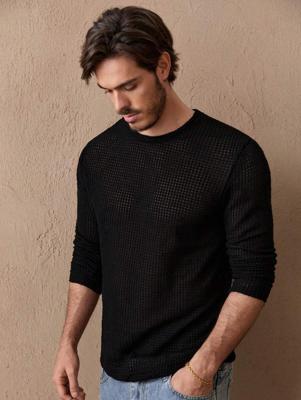 Bon & Bon Men's Black Long Sleeve Round Neck Tee - Casual Knitted T-Shirt Black / S