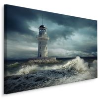 Schilderij - Vuurtoren in de storm, blauw/grijs, 4 maten, premium print