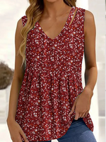 V Neck Knitted Vacation Floral Tank Top - thumbnail
