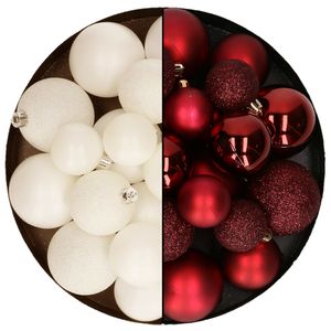 Kerstballen 60x stuks - mix donkerrood/wol wit - 4-5-6 cm - kunststof