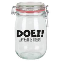 Cadeau voorraadpot collega - afscheid / pensioen - Doei we gaan je missen - glas - 1 liter