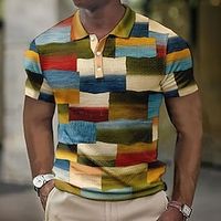 Voor heren POLO Shirt Wafel poloshirt Revers polo Polo's met knopen Golfshirt Gestreept Geruit Grafische prints Geometrie Strijkijzer Geel Blozend Roze blauw Groen Buiten Straat Korte mouw Afdrukken Lightinthebox