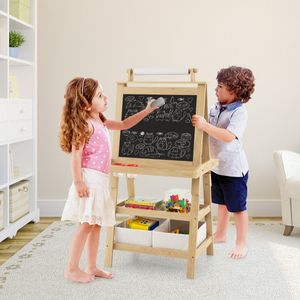 3-In-1 Kinderschildersezel Dubbelzijdig Whiteboard & Krijtbord & Tekenpapier 2 Planken Houten Bord met 2 Opbergdozen Blauw/Natuur/Roze