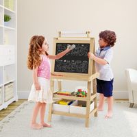 3-In-1 Kinderschildersezel Dubbelzijdig Whiteboard & Krijtbord & Tekenpapier 2 Planken Houten Bord met 2 Opbergdozen Blauw/Natuur/Roze 3-In-1 Kinderschildersezel Dubbelzijdig Whiteboard & Krijtbord & Tekenpapier 2 Planken Houten Bord met 2 Opbergdozen Blauw/Natuur/Roze