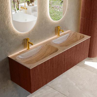 Badmeubel Mondiaz Kurve-Dlux | 140 cm | Meubelkleur Ruby | Wastafelkleur Arena | Solid surface | Wasbak beide zijden spoelbak | 2 kraangaten