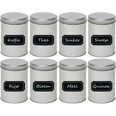 8x Zilveren ronde voorraadblikken met beschrijfbare labels 13 cm