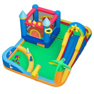 Opblaasbaar Kasteel voor Kinderen met Strandthema Voorzien van een Klimwand Ballenbak Ringwerpspel Waterkanon en Oceaanballen