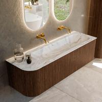 Badmeubel Mondiaz Kurve-Dlux | 145 cm | Meubelkleur Walnut | Wastafelkleur Glace | Solid surface | Rechts spoelbak | Zonder kraangat(en)
