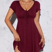 Petite Blue V-Neck Lettuce Trim Drawstring Knot Front Mini Dress Burgundy / Petite M