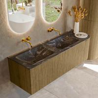 Badmeubel Mondiaz Kurve-Dlux | 145 cm cm | Meubelkleur Dusk | Wastafelkleur Lava | Solid surface | Dubbel / Links spoelbak | Zonder kraangat(en)