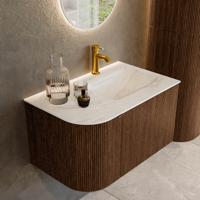 Badmeubel Mondiaz Kurve-Dlux | 75 cm | Meubelkleur Walnut | Wastafelkleur Ostra | Solid surface | Rechts spoelbak | 1 kraangat