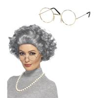 Verkleedpruik voor dames - Oma/sara/bejaarde - met brilletje - Carnaval - krulletjes