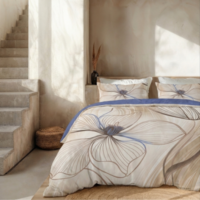 Dekbedovertrek Percale Katoen - Floral Dance - Lits-Jumeaux XL (260x200 Cm) - Wit & Blauw Percale Katoen - Effen - Presence - Dekbed-Discounter.nl